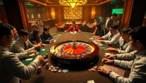 Players enjoying high-stakes games at LC88 casino table with vibrant poker chips.