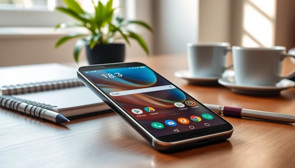 Wydajny Android na biurku z notatnikiem i kawą, podkreślając nowoczesny styl pracy.