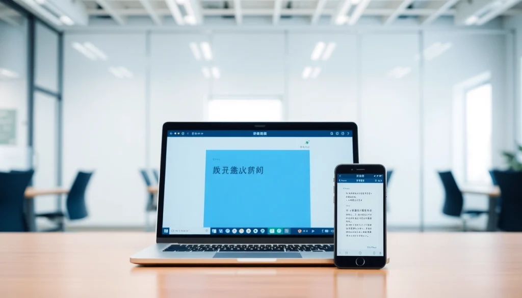 Engaging digital translation interface featuring 有道翻译 application in a modern office setup.