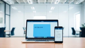 Engaging digital translation interface featuring 有道翻译 application in a modern office setup.