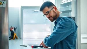 Refrigerator repair near me: technician servicing a modern fridge in a bright kitchen.