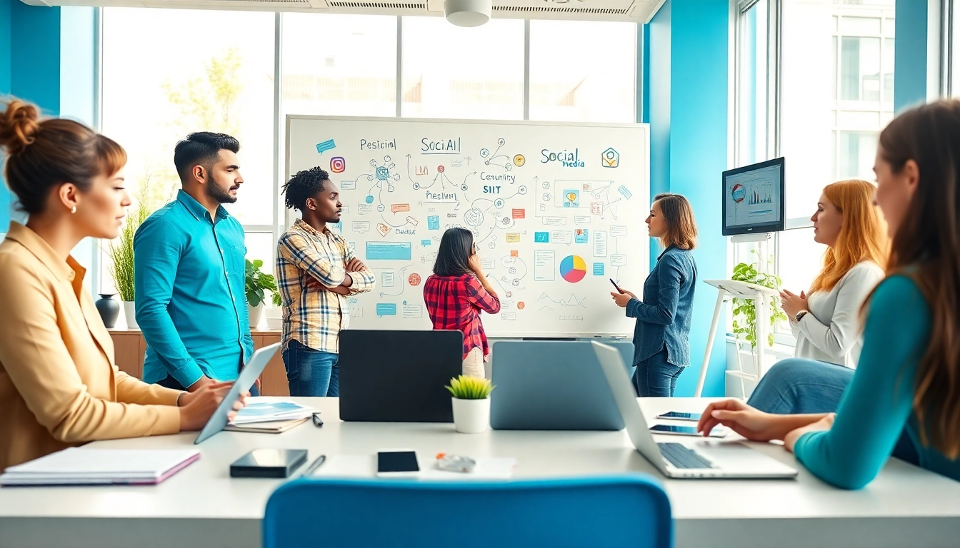 Collaboration among social media marketing companies edmonton in a bright, modern office with teamwork.