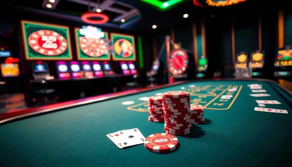 Engaging scene of AF88 poker table with vibrant chips set in a luxurious casino environment.