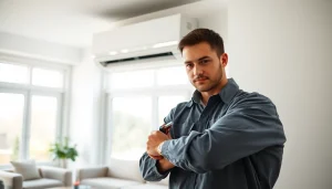 Technician installing a ductless mini-split installation in a modern living room setting.