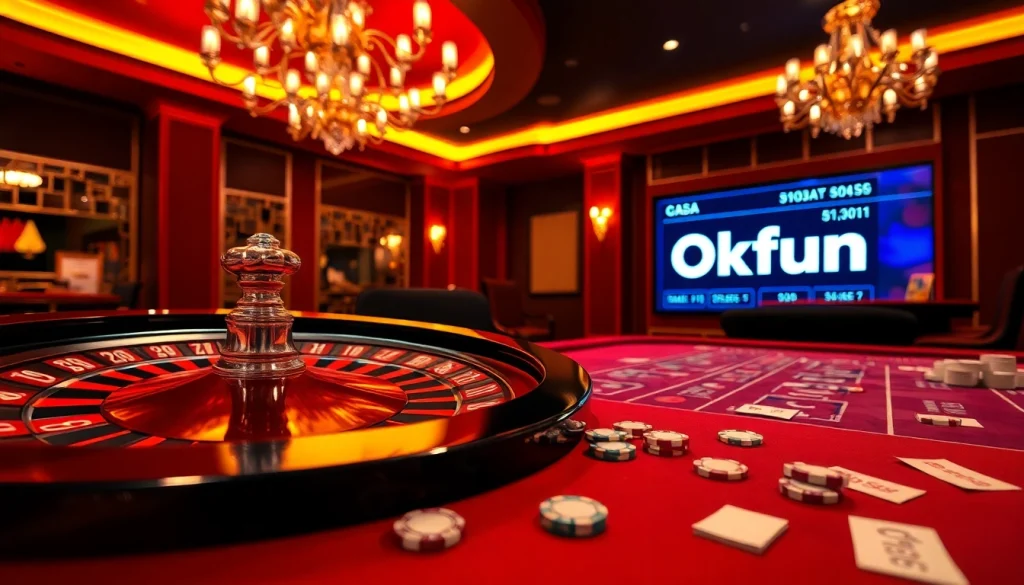 Experience the thrill of winning at Okfun with luxurious casino tables and vibrant gaming action.
