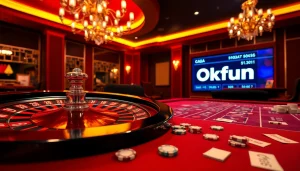 Experience the thrill of winning at Okfun with luxurious casino tables and vibrant gaming action.