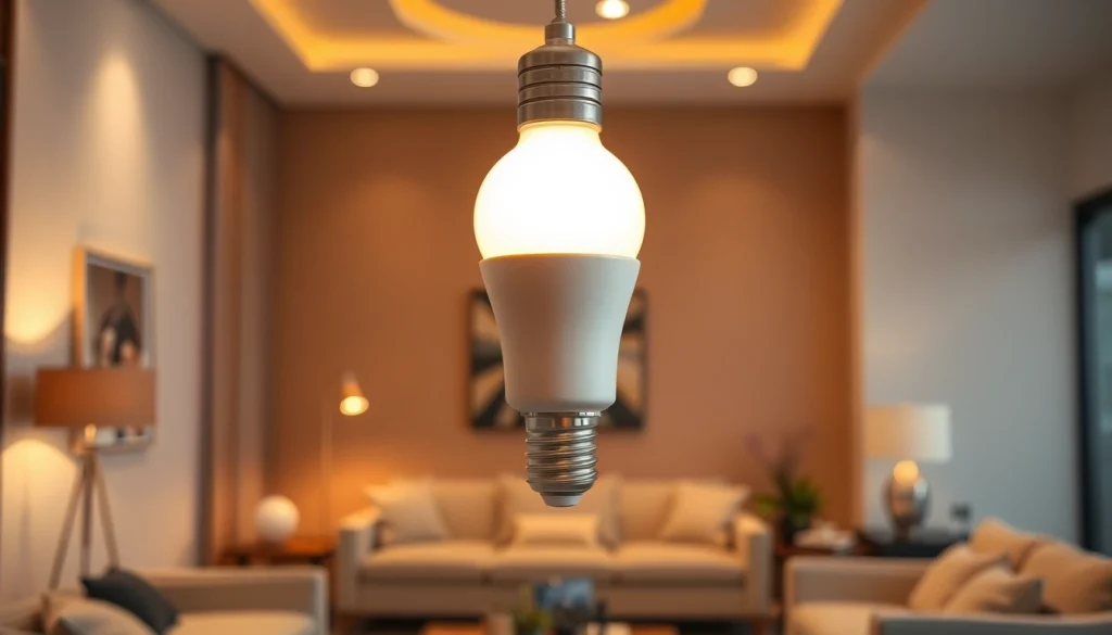 Showcase a19 led bulb illuminating a modern living room with warm lighting.