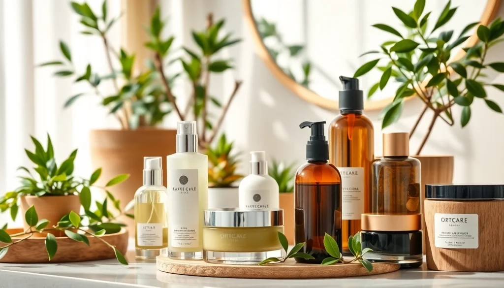 Kreiranje prirodna kozmetika u organskom okruženju s elegantnim staklenim pakovanjima.