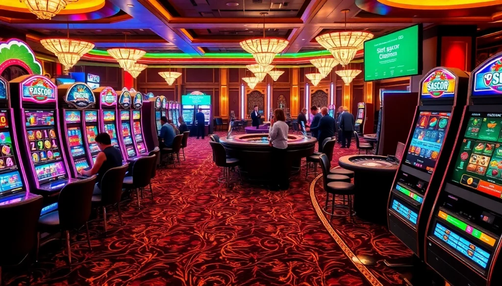 Players enjoying slot gacor machines in a vibrant casino atmosphere, evoking excitement and luxury.