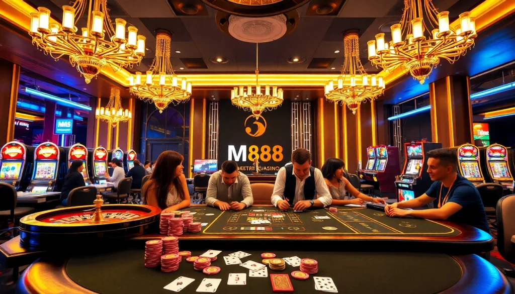 Experience thrilling gameplay at mm88com's luxurious casino with poker, roulette, and vibrant players.