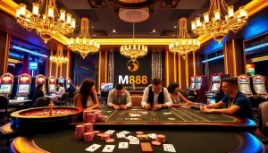 Experience thrilling gameplay at mm88com's luxurious casino with poker, roulette, and vibrant players.