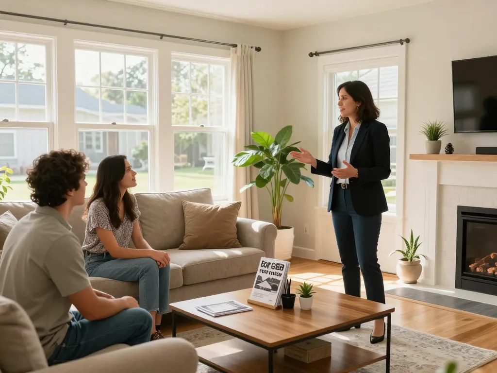 We buy houses for cash, real estate agent showing a couple inviting home features during a house tour.