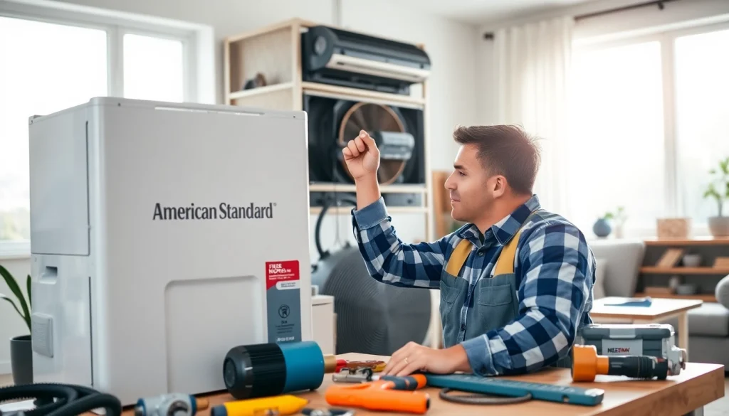 Technician adjusting the American Standard HVAC unit in a bright living room, showcasing expertise.