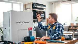 Technician adjusting the American Standard HVAC unit in a bright living room, showcasing expertise.