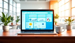 Engaging scene of klynt platform on a laptop in a bright office, showcasing digital workspace.