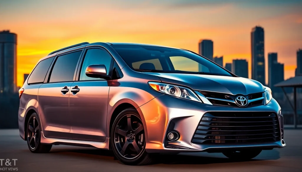 Showcasing a modified Toyota Sienna against a vibrant city skyline during sunset.