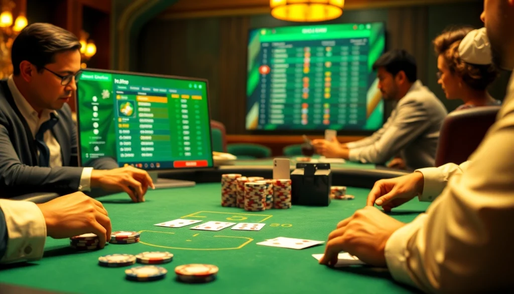 Permainan poker online yang menarik menunjukkan kegembiraan idn poker dengan pemain dan chip poker yang penuh warna.