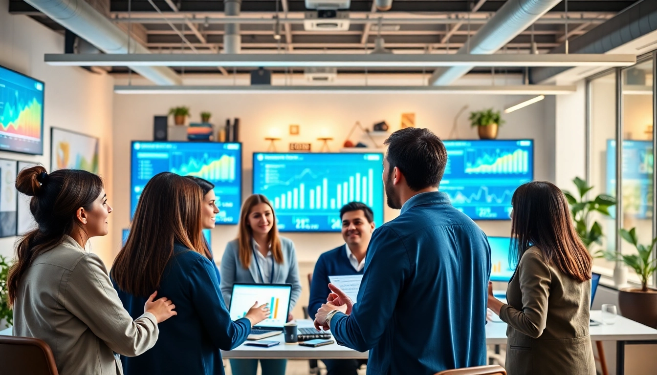 Engaged professionals in social media marketing Edmonton collaborating in a modern office.