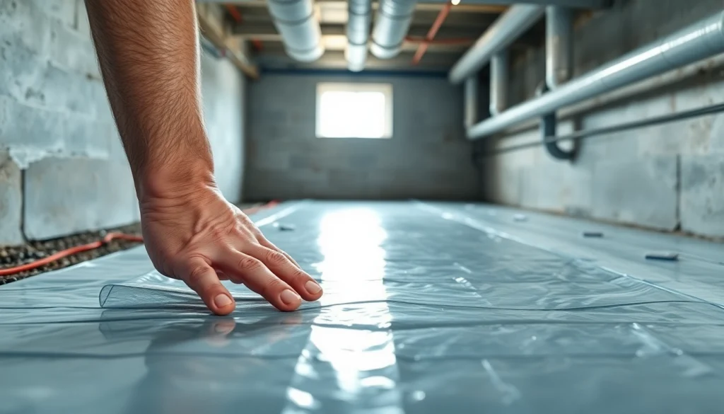Vapor Barrier Installation by a technician in a well-lit crawl space shows effective moisture control.