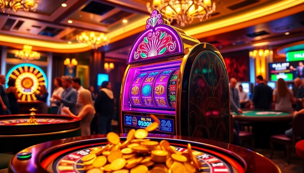 Players enjoying a big win at the jamuslot casino with a vibrant slot machine backdrop