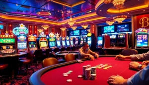 Players at a poker table enjoying F8BET's professional gaming experience surrounded by dynamic casino elements.