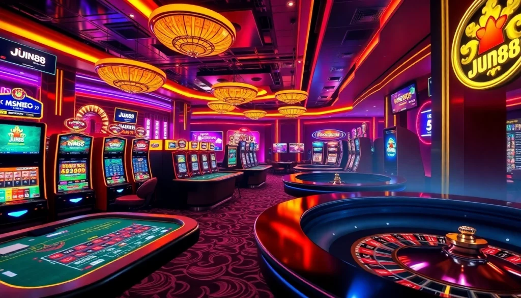 Experience excitement with Jun88 at a vibrant casino scene featuring poker tables, slots, and roulette wheels.