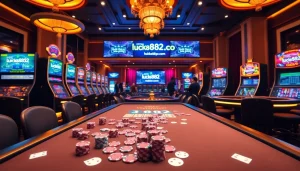 A captivating casino scene at https://luck882.co.com/, showcasing poker chips and players immersed in games.