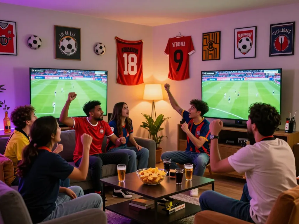 Football fans enjoying a live match experience with Cakhia tv, vibrant atmosphere, and game night setup.