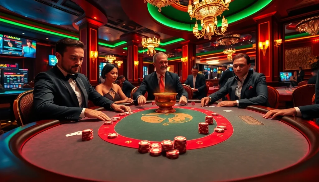 Players participate in a thrilling poker game at Thabet Casino, showcasing excitement and high-stakes action.