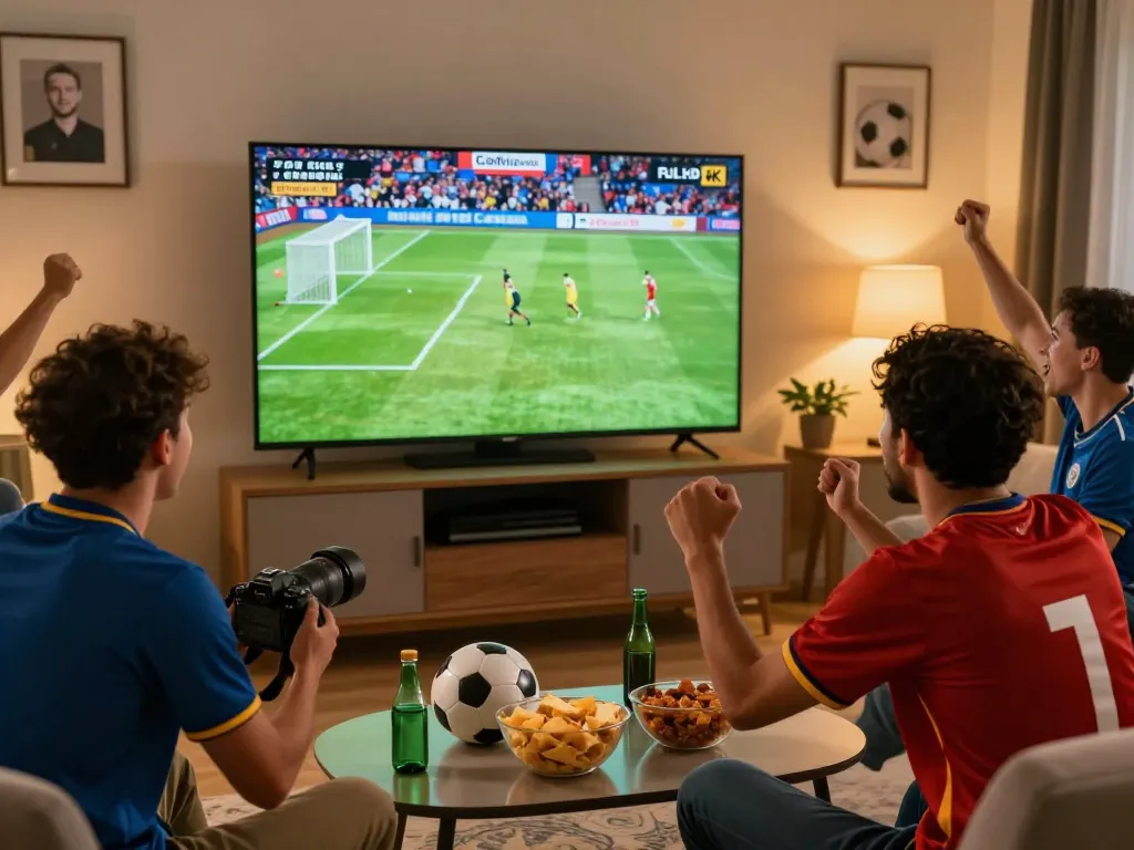 CakhiaTV fan celebrating during live football match in vibrant home setting.