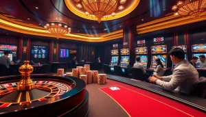 RR88 online gambling scene featuring poker chips, roulette wheel, and exciting games.