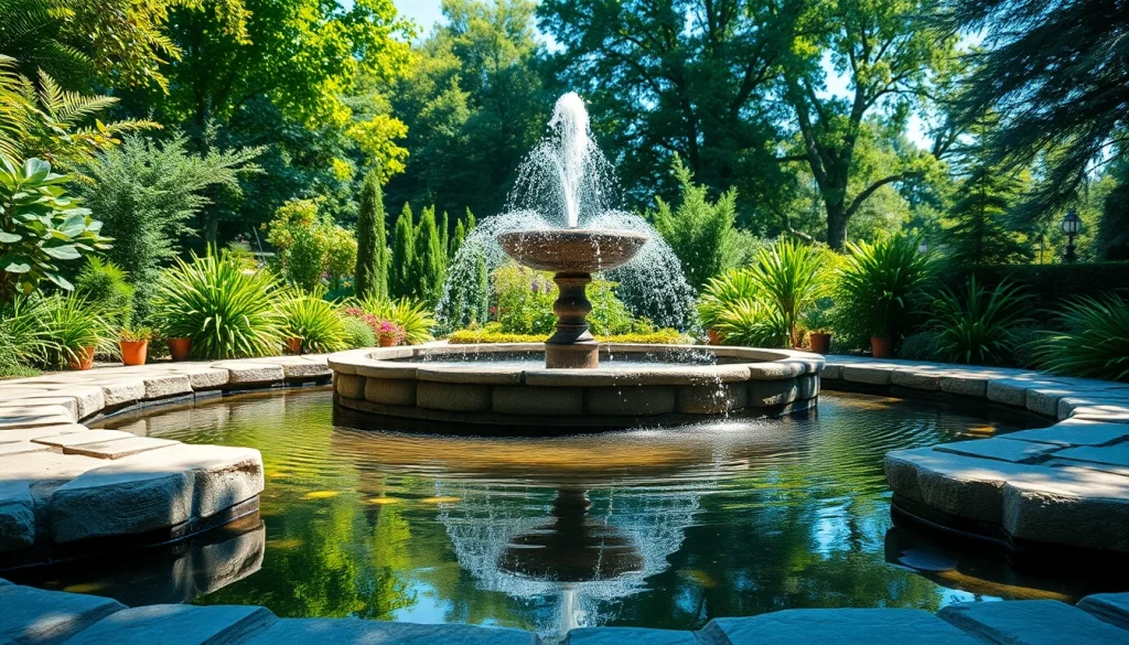 Beautiful water features enhance garden tranquility with a central fountain and surrounding greenery.