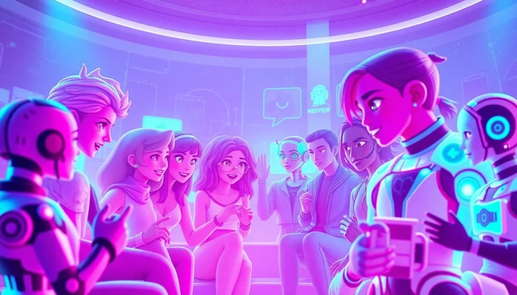 NSFW AI characters engaged in playful chat, showcasing futuristic design and vibrant color.