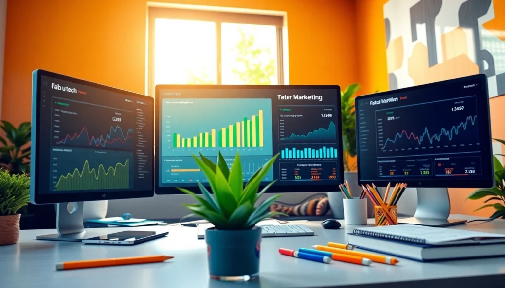 Engaging workspace with fab u tech branding highlighting digital marketing analytics.