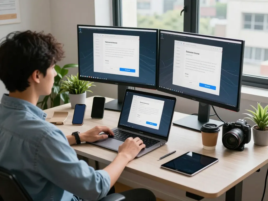 现代科技工作区中双屏显示器上的快连下载应用界面。