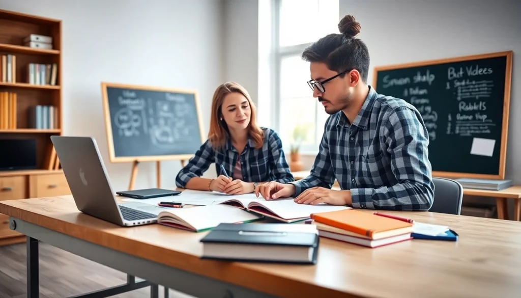 Students engaging in exam help with study materials in a bright room.