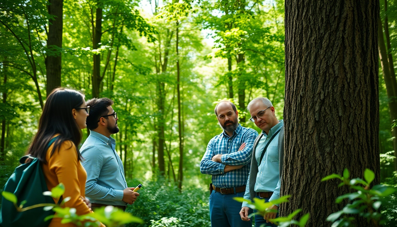 Black Mountain Tree Consultancy team assessing trees in a vibrant forest setting.
