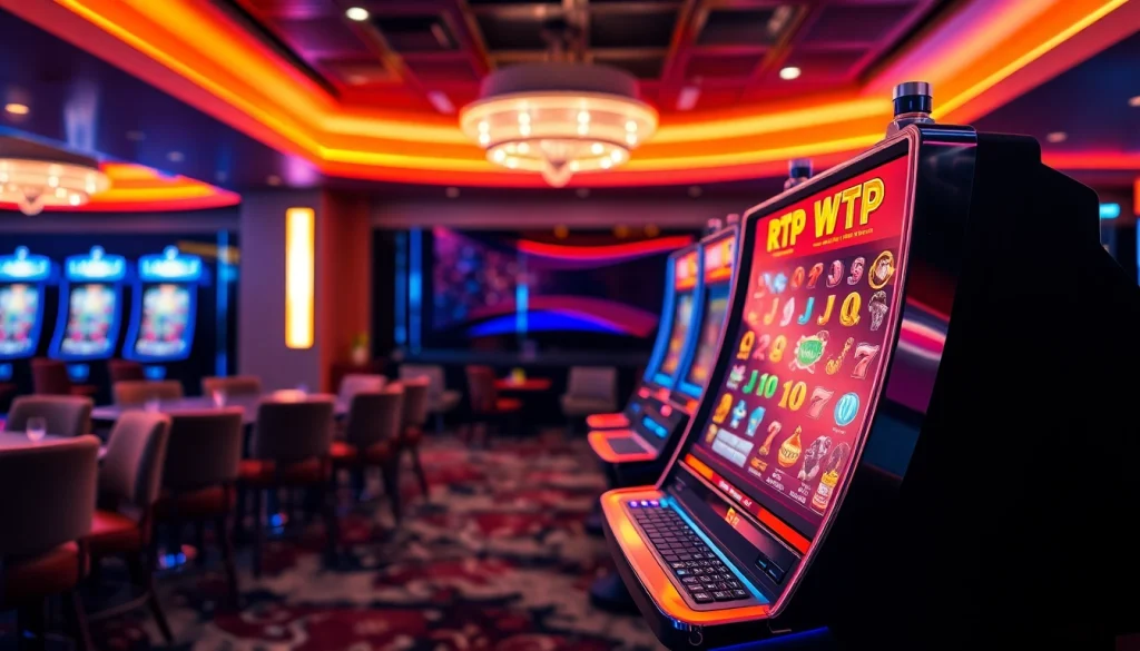 Engaging scene of an rtp slot machine amidst a modern casino setting with vibrant graphics and lighting.