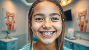 Happy teen with metal braces for teens Hawthorn smiling in a bright clinic setting.