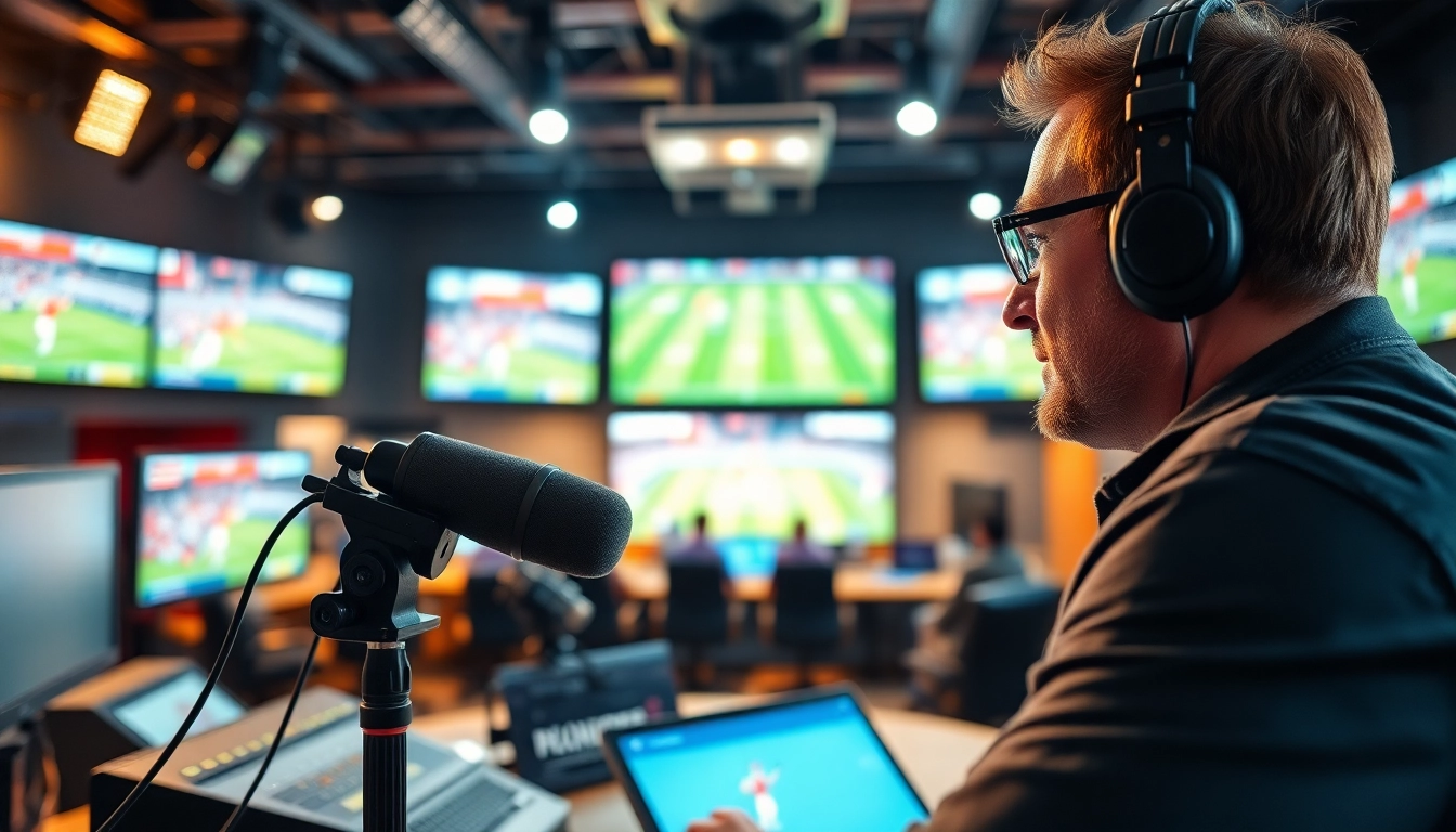 Capturing the excitement of sports broadcasting through vibrant studio action and expert engagement.