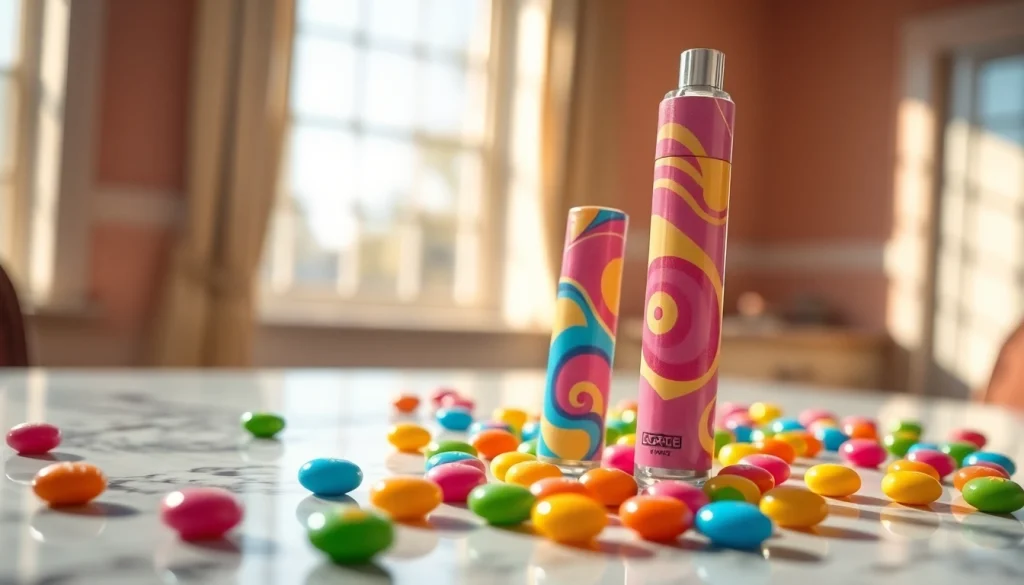 Showcasing a candy vape pen surrounded by colorful candies on a marble table.