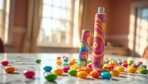 Showcasing a candy vape pen surrounded by colorful candies on a marble table.