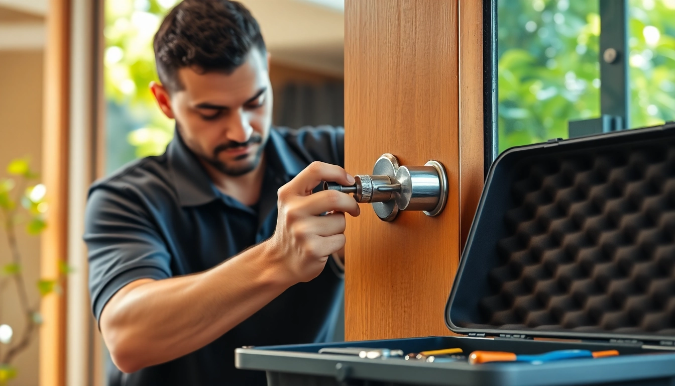 Locksmith near me Ballwin, Mo assisting with a door lock repair in a home setting.