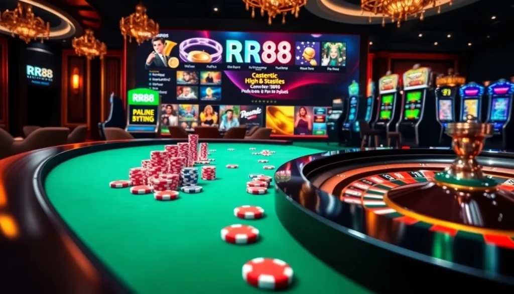 Experience thrilling gameplay at RR88 with vibrant roulette wheels and colorful slot machines.