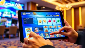 BROMO888 online gaming interface showcasing vibrant slot games on a modern device.