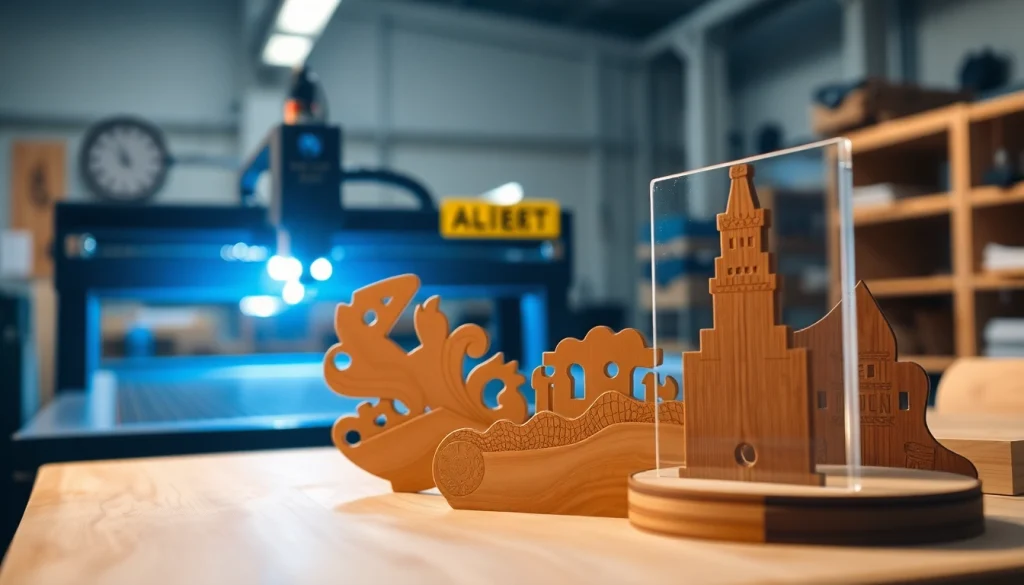 Showcasing intricate laser cutting designs on wood and acrylic in a bright workshop setting.