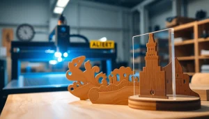 Showcasing intricate laser cutting designs on wood and acrylic in a bright workshop setting.