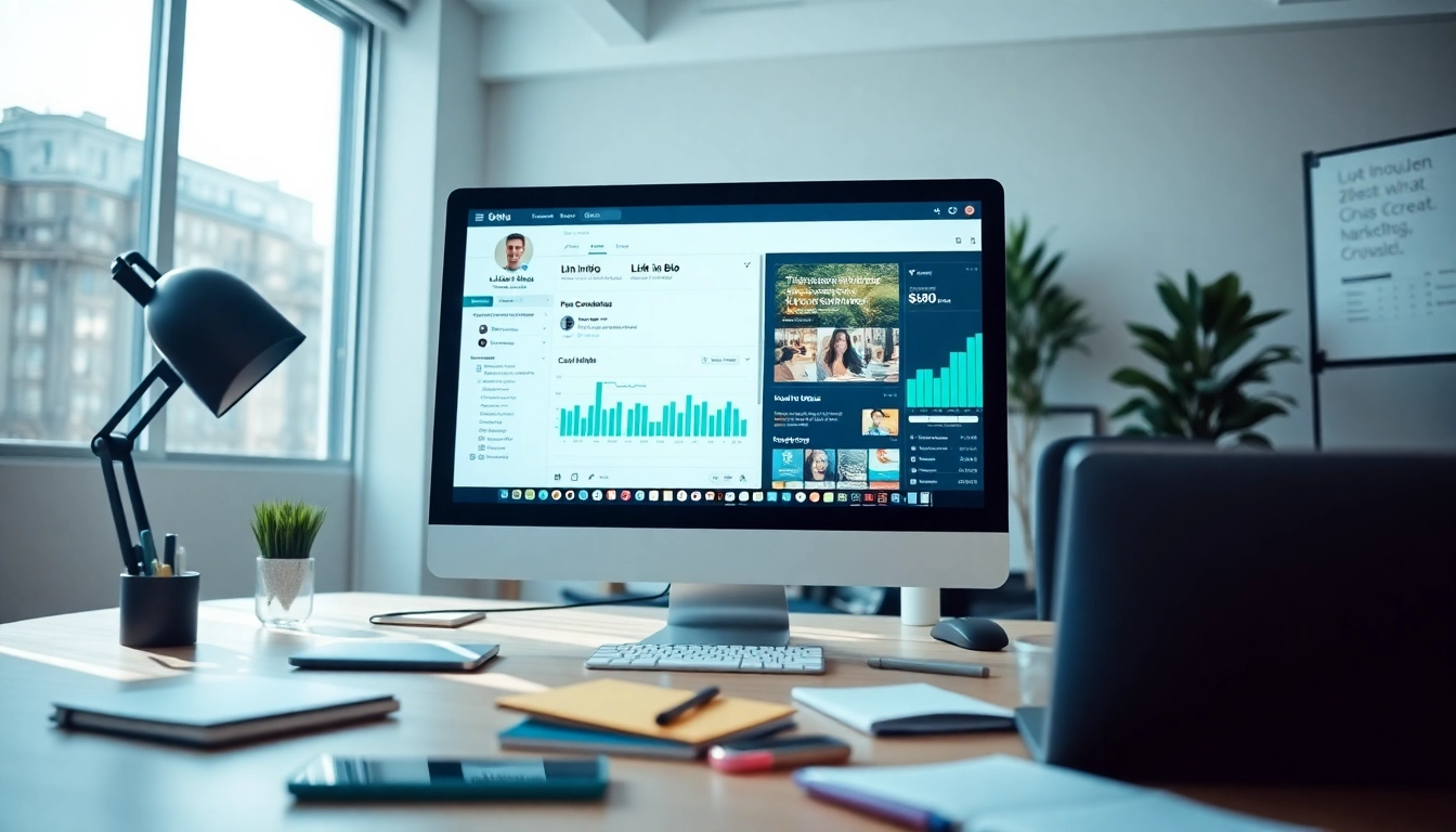 Showcase the Link in bio tool interface in a vibrant digital marketing workspace