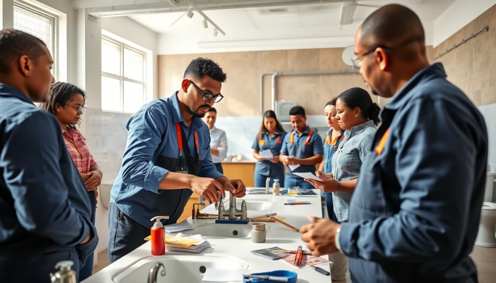 Hands-on plumbing courses in Durban featuring diverse adult learners mastering plumbing techniques.
