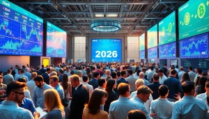Dynamic scene at Crypto 2026 conference showcasing networking and trading trends.